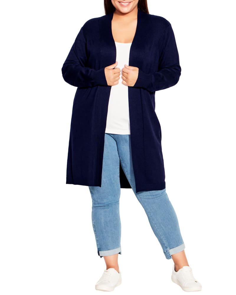 Front of a model wearing a size 14 Mila Rib Cardigan in Navy by avenue. | dia_product_style_image_id:228513